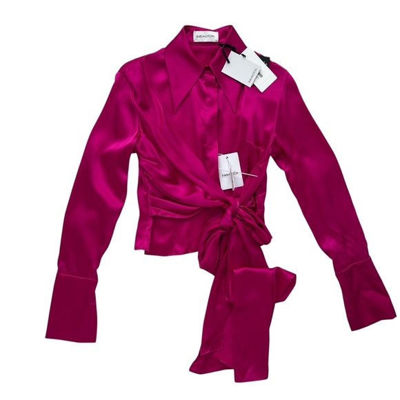 NWT 16Arlington 100% Silk Satin Bright Pink Tie Front Button Blouse Top SZ US 6 - Picture 2 of 14